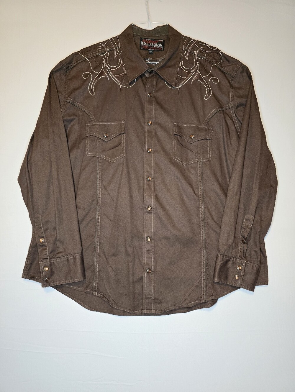 Rock & Roll Cowboy Men’s XXL Western Snap Button Shirt Brown Embroidered Yoke